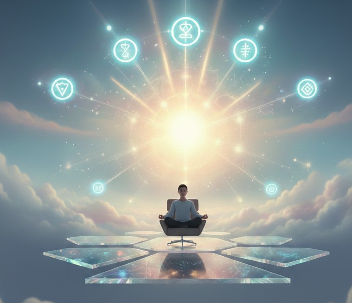 person meditating in the sky with different icons